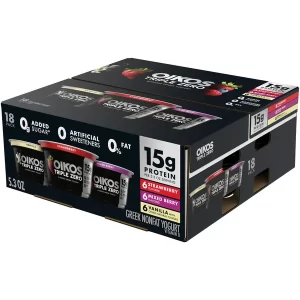 Details • Greek Yogurt • Triple Zero • Variety pack: 6-Vanilla, 6-Mixed Berry, 6-Strawberry • 5.3 oz cup • 18 ct More Information: • 15 g protein per serving • 0 added sugar • 0 artificial sweeteners • 0% fat
