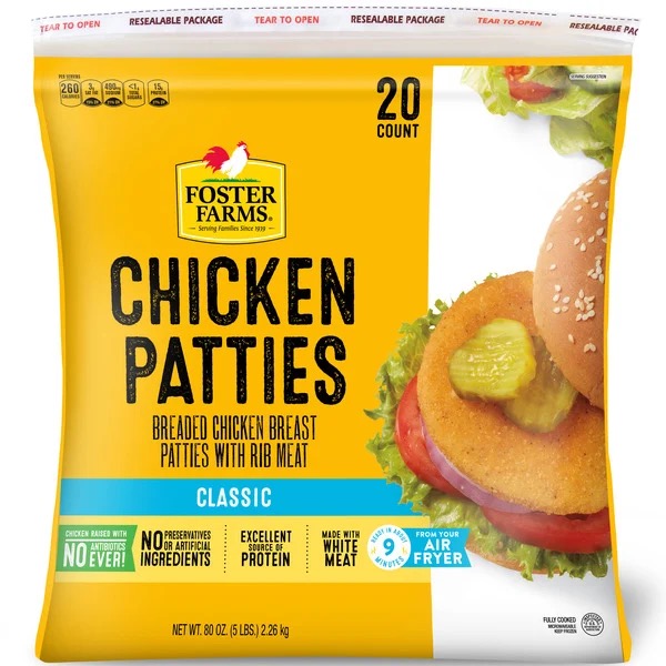 Foster Farms Breaded Chicken Patties, Classic, 1/4 lb, 20 ct